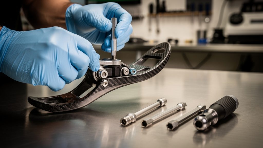 Uzman tekniker protez ayak mekanizmasını ayarlıyor