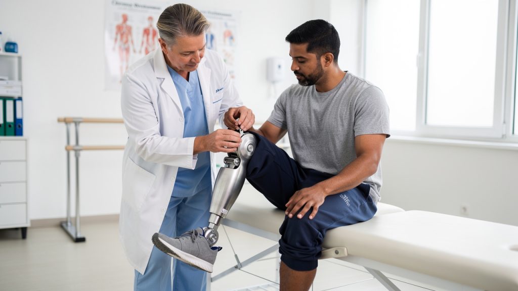 Ortopedik klinikte protez ayak montajı yapan uzman