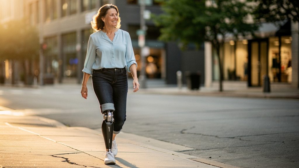 Protez bacaklı kadın şehirde özgüvenle yürüyor
